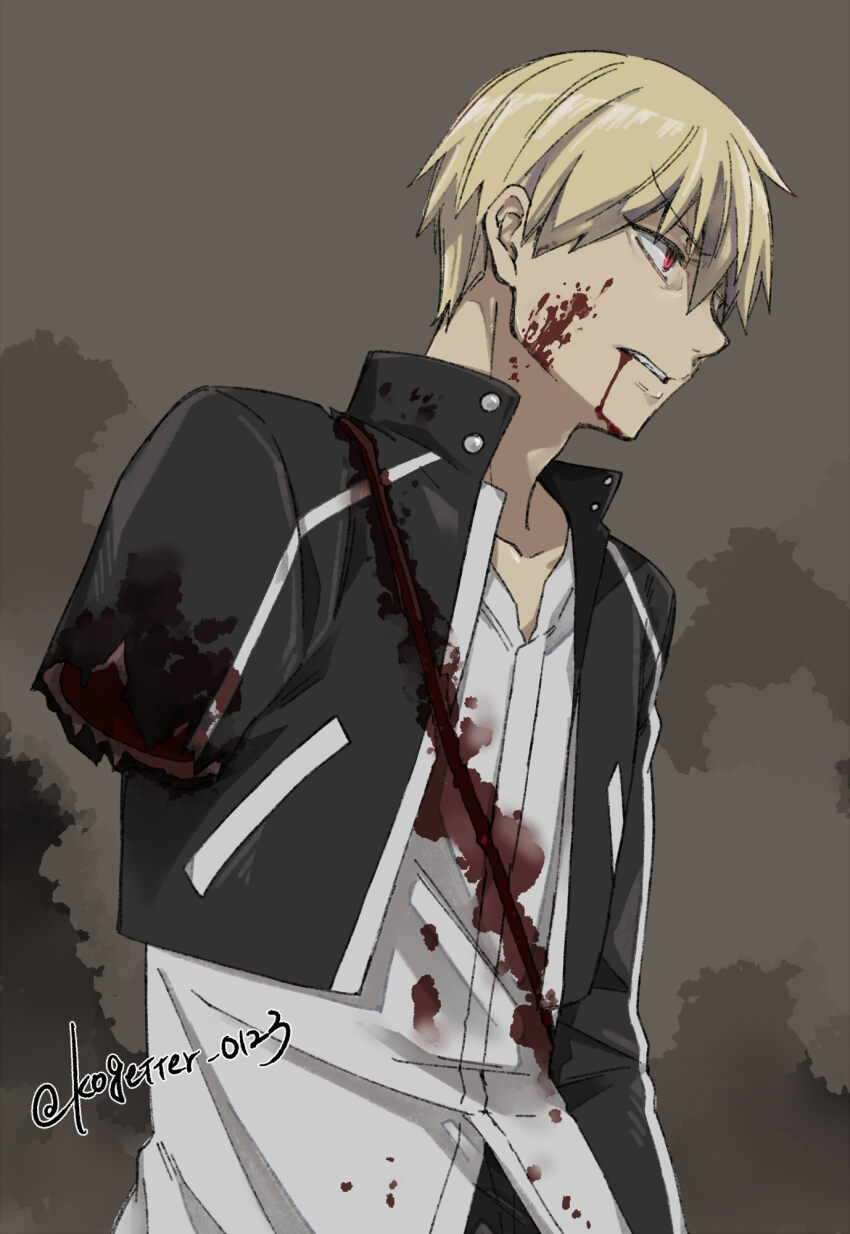 1boy blonde_hair blood blood_from_mouth blood_on_clothes blood_on_face commentary_request cuts fate/stay_night fate/unlimited_blade_works fate_(series) frown gilgamesh_(fate) gilgamesh_(immoral_biker_jacket)_(fate) highres injury male_focus missing_limb moonlight_0423 red_eyes solo twitter_username upper_body