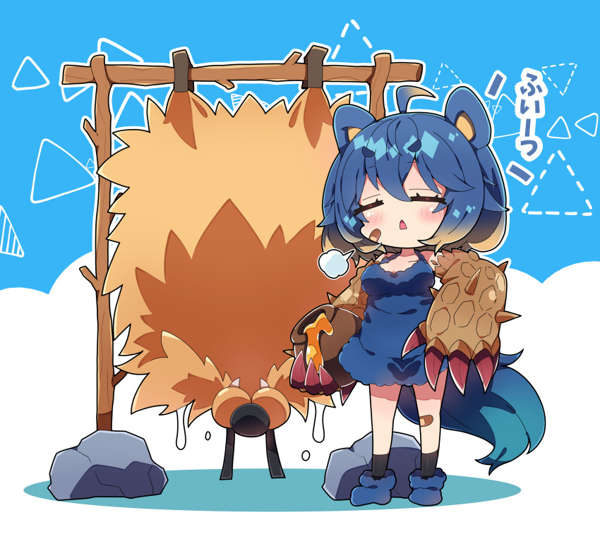 1girl absurdres ahoge arzuros bandaid bandaid_on_cheek bandaid_on_face bandaid_on_knee bandaid_on_leg black_socks blue_background blue_dress blue_hair blue_shoes blush brown_hair chibi chibi_only closed_eyes commentary dress full_body gradient_hair highres honey honeypot long_hair milkpanda monster_hunter_(series) multicolored_hair open_mouth outline personification puff_of_air rock shoes sleeveless sleeveless_dress socks solo standing two-tone_background white_background white_outline