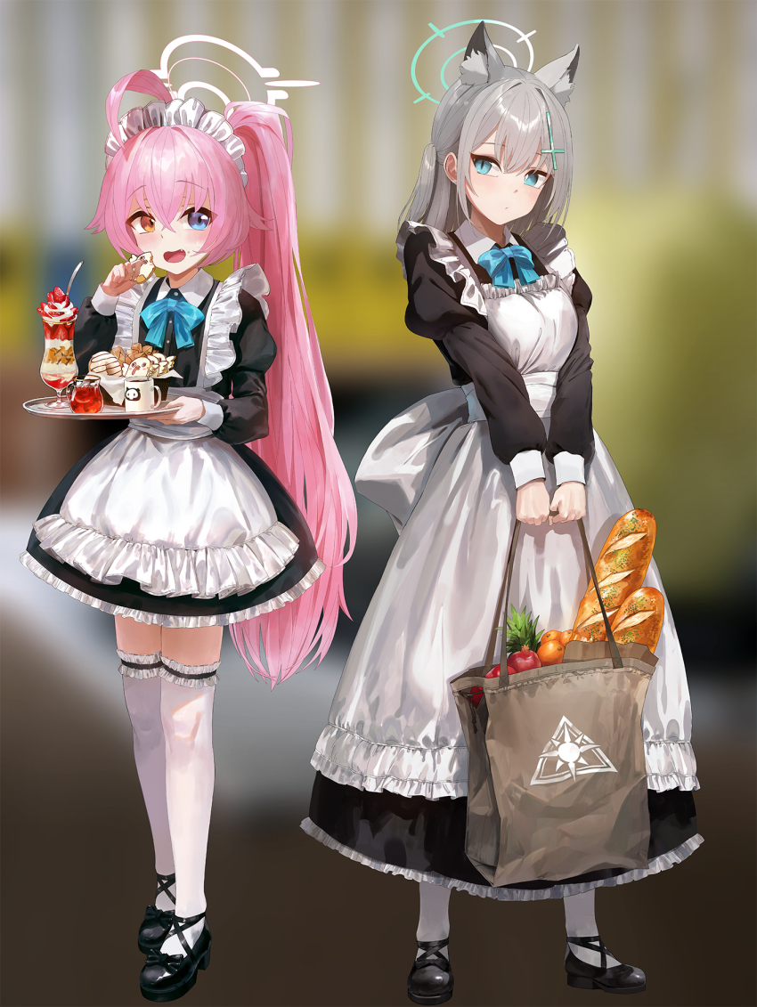 2girls :d ahoge alternate_costume alternate_hairstyle animal_ear_fluff animal_ears apron bag baguette blue_archive blue_bow blue_bowtie blue_eyes blurry bow bowtie bread character-themed_food coffee coffee_mug commentary_request cross_hair_ornament cup depth_of_field drink drinking_glass enmaided extra_ears food fruit full_body grey_hair hair_between_eyes hair_ornament halo heterochromia highres holding holding_bag holding_tray hoshino_(blue_archive) long_hair long_sleeves looking_at_another maid maid_apron maid_headdress medium_hair mismatched_pupils mo_ne mug multiple_girls one_side_up open_mouth outdoors peroro_(blue_archive) pink_hair ponytail shiroko_(blue_archive) shopping_bag sidelocks skullman_(blue_archive) smile standing sweatdrop tray vegetable wine_glass wolf_ears wolf_girl