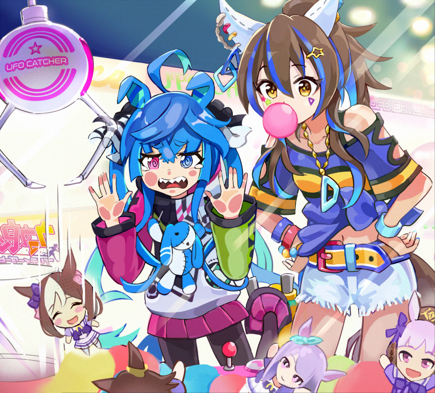 2girls @_@ against_glass ahoge animal_ears belt black_pantyhose blowing_bubble_gum blowing_bubbles blue_eyes blue_hair blue_shirt boots brown_hair character_doll chewing_gum commentary crane_game cutoffs daitaku_helios_(umamusume) doll ear_covers gold_ship_(umamusume) hand_on_glass hands_up heterochromia highres hood hoodie horse_ears horse_girl horse_tail jewelry long_sleeves mejiro_mcqueen_(umamusume) multicolored_hair multiple_girls navel necklace okken pantyhose ponytail purple_eyes shirt short_sleeves shorts special_week_(umamusume) standing standing_on_one_leg stuffed_animal stuffed_rabbit stuffed_toy tail twin_turbo_(umamusume) two-tone_hair umamusume white_shorts wristband yellow_eyes
