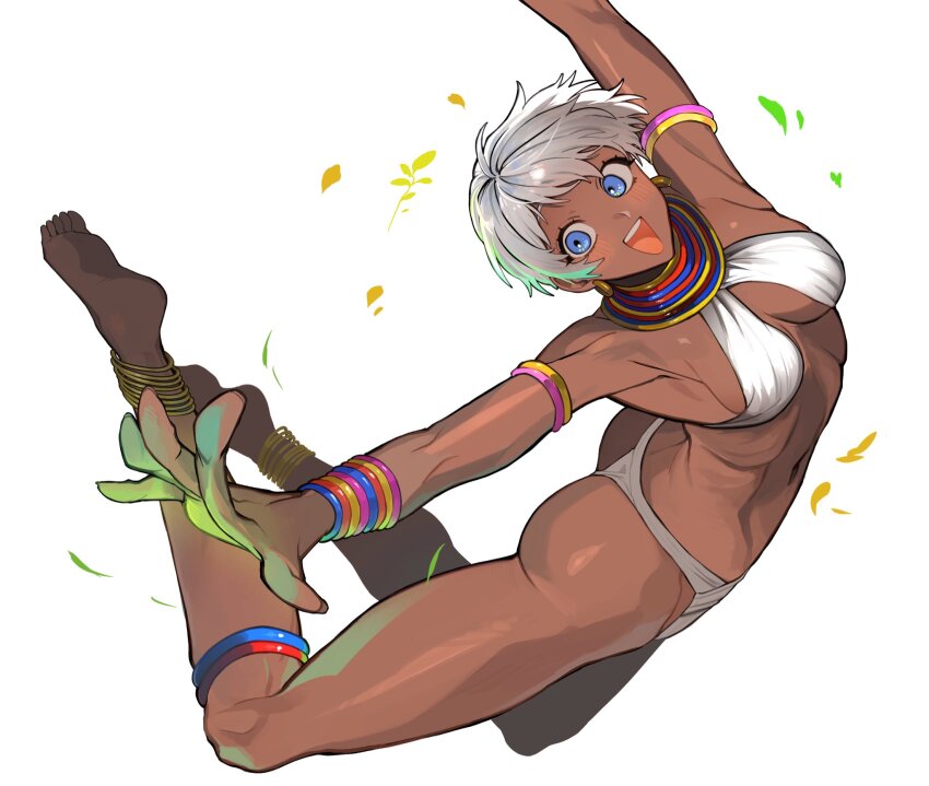 1girl anklet armlet bare_legs bare_shoulders bikini blue_eyes bracelet breasts broad_shoulders close-up collarbone commentary_request dark-skinned_female dark_skin earrings elena_(street_fighter) flying_sweatdrops grey_hair happy highres jewelry jumping looking_at_viewer medium_breasts muscular muscular_female neck_ring open_mouth short_hair simple_background sitting smile solo stomach street_fighter swimsuit teeth thighs trnnmnm4 white_background white_bikini