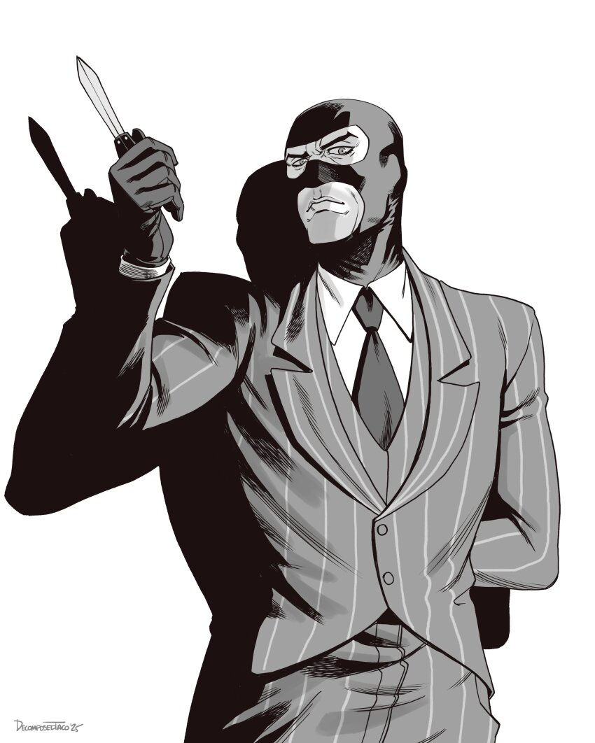 1boy absurdres arm_behind_back balisong commentary decomposedtaco formal_clothes frown gloves greyscale highres knife male_focus mask monochrome necktie signature solo spy_(tf2) suit team_fortress_2 upper_body vertical-striped_suit