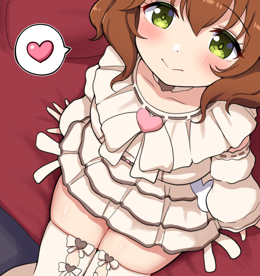 1girl aston_machan_(everlasting_candy)_(umamusume) aston_machan_(umamusume) brown_hair commentary_request dress from_above green_eyes heart highres horse_girl long_sleeves looking_at_viewer short_hair spoken_heart takiki thighhighs thighs umamusume white_dress white_thighhighs