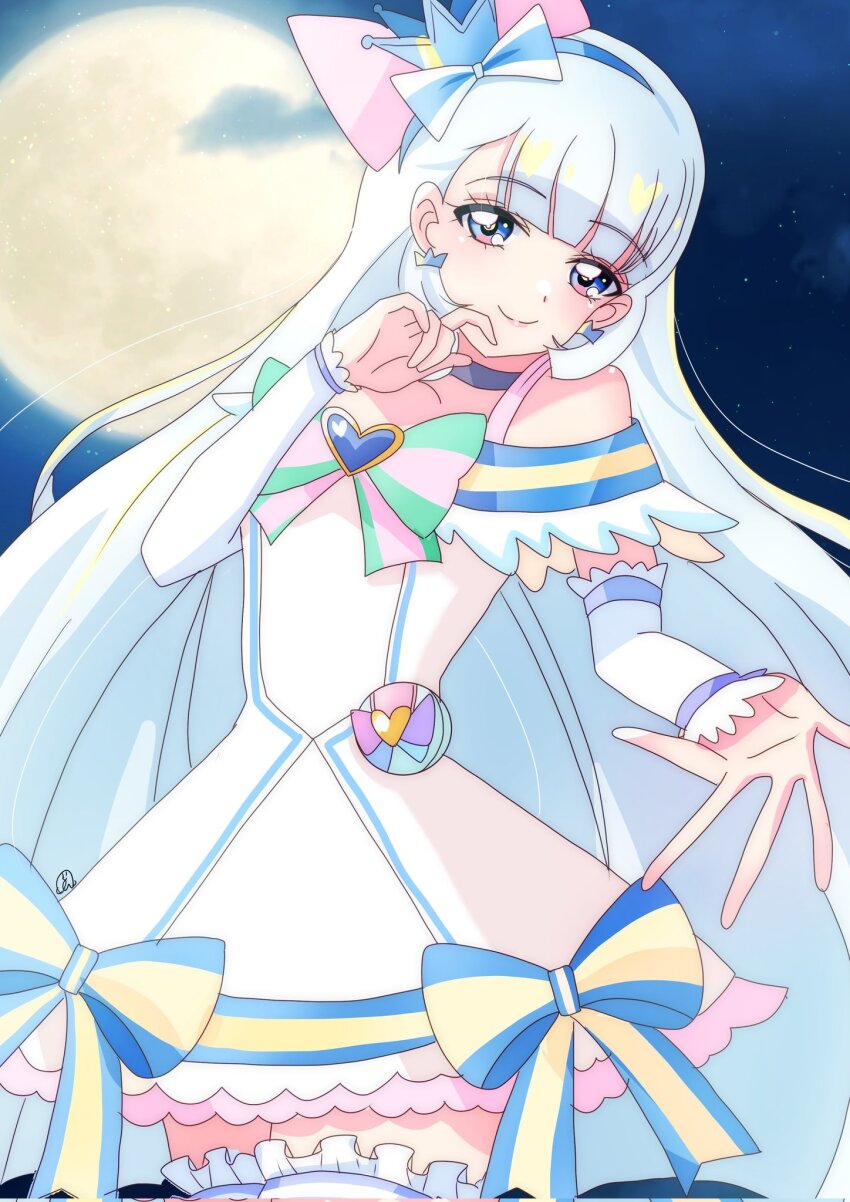 1girl arm_warmers bare_shoulders blue_choker blue_eyes blue_gemstone bow brooch choker crown crown_earrings cure_nyammy dress dress_bow earrings frilled_thighhighs frills gem hair_bow heart heart_brooch highres huge_moon jewelry long_hair looking_at_viewer magical_girl mini_crown momotarouooi moon nekoyashiki_yuki night night_sky precure sky solo star_(sky) starry_sky thighhighs white_dress white_hair wonderful_precure!