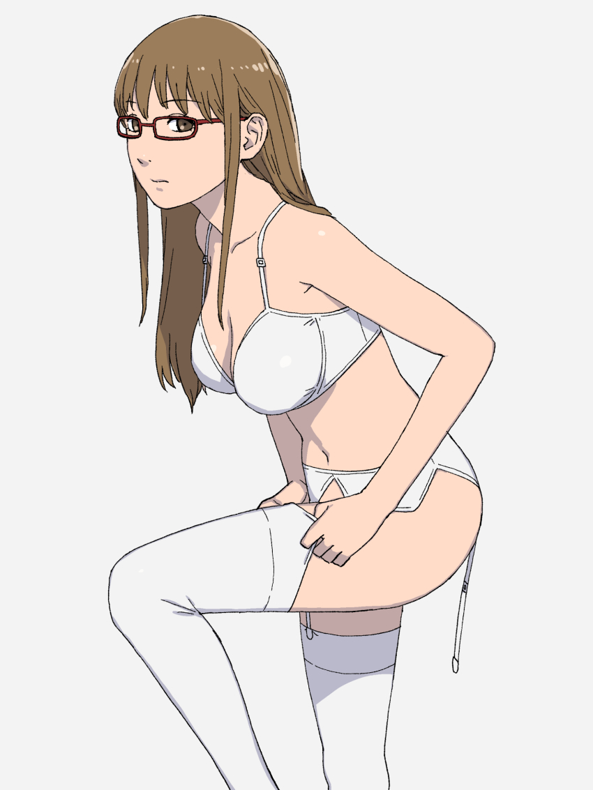 1girl bra breasts brown_eyes brown_hair cleavage commentary dressing feet_out_of_frame female_focus glasses highres long_hair looking_at_viewer looking_to_the_side matching_hair/eyes medium_breasts navel onsen_tamago_(hs_egg) panties red-framed_eyewear simple_background solo soredemo_machi_wa_mawatteiru tatsuno_toshiko thighhighs thighs underwear white_background white_bra white_panties white_thighhighs