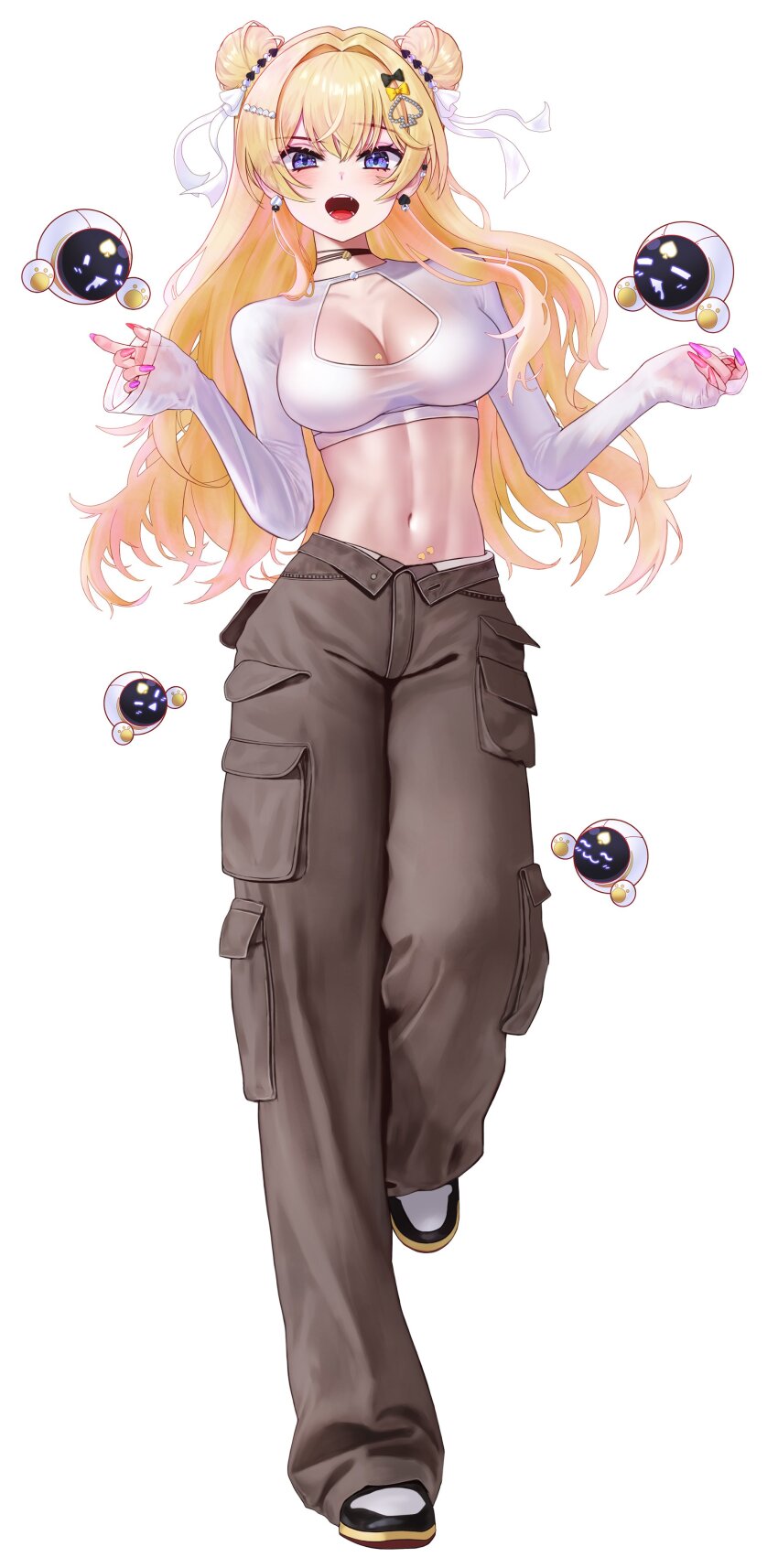 1girl absurdres baggy_pants blonde_hair breasts brown_pants cargo_pants character_request cleavage collarbone commentary_request copyright_request cropped_shirt double_bun eruthu fang full_body hair_between_eyes hair_bun hair_intakes highres large_breasts looking_at_viewer open_fly open_mouth pants pink_nails shirt sleeves_past_wrists solo standing toned toned_female white_background white_shirt