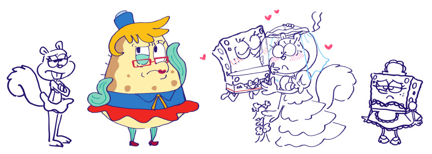 1boy 2girls absurdres apron bikini blush bra buck_teeth crossdressing dress eyelashes fish flower glasses hat heart helmet highres kiss maid maid_apron maid_headdress minoru_(nezumiisya) mrs._puff multiple_girls nickelodeon paramount_pictures puffer_fish sandy_cheeks skirt sponge spongebob_squarepants spongebob_squarepants_(series) squirrel swimsuit tail teeth tomboy underwear wedding wedding_dress wedding_suit