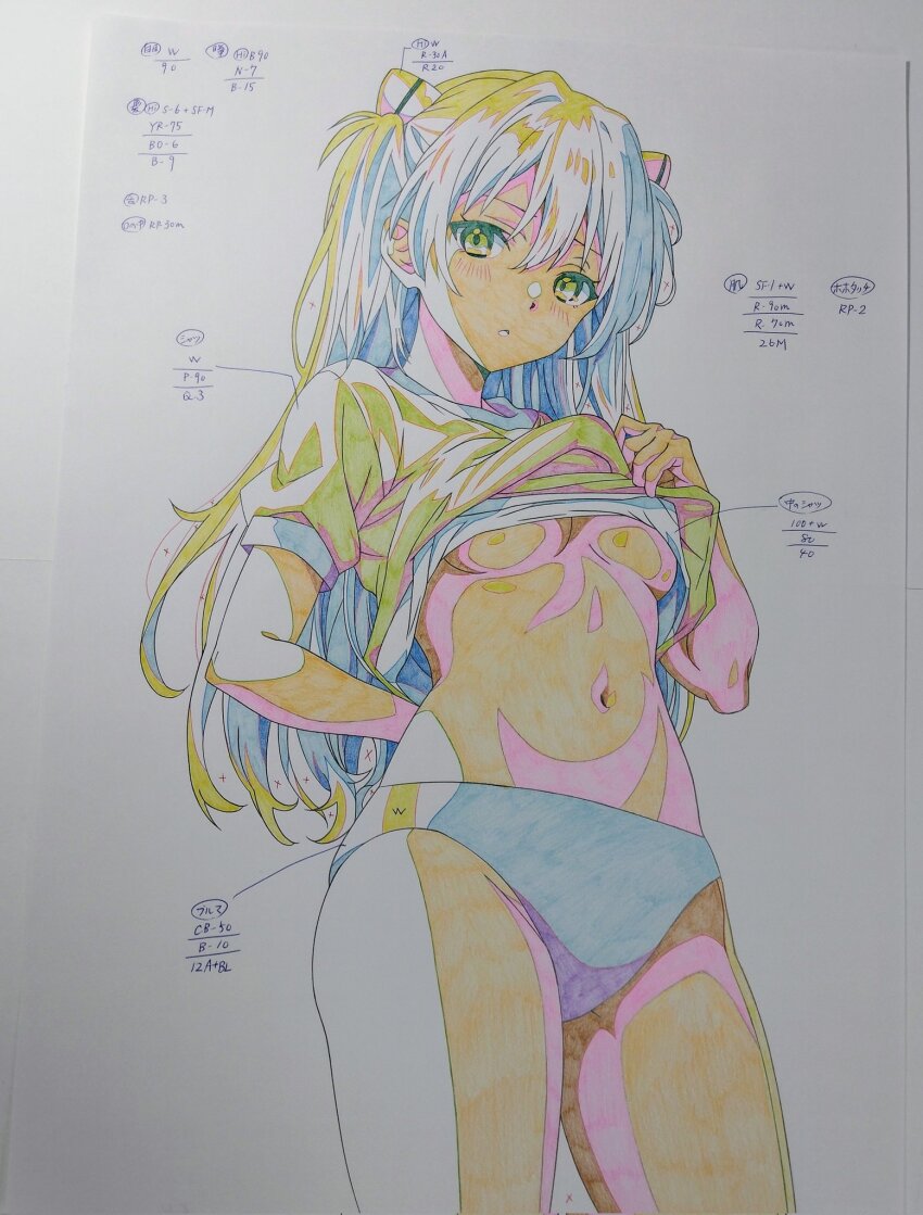 1girl arms_behind_back blue_buruma breasts buruma cel clothes_lift curvy gym_uniform highres interface_headset_(evangelion) lifting_own_clothes long_hair looking_at_viewer looking_down medium_breasts monochrome navel neon_genesis_evangelion open_mouth photo_(medium) shiny_skin shirt shirt_lift simple_background solo souryuu_asuka_langley standing thighs traditional_media translation_request twintails umino_kaori underboob very_long_hair wide_hips
