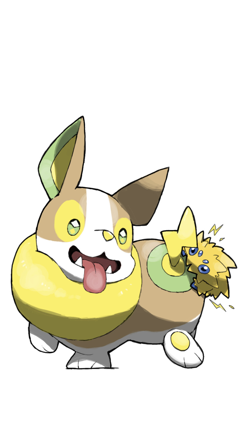 animal_focus blacknirrow blue_eyes bug dog electricity extra_eyes fangs game_freak gen_5_pokemon gen_8_pokemon highres joltik nintendo no_humans open_mouth pokemon pokemon_(creature) pokemon_focus simple_background tongue tongue_out white_background yamper