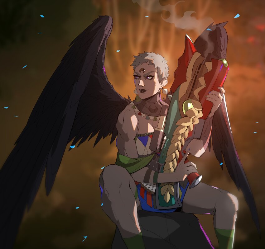 1girl absurdres biceps black_feathers black_lips blurry blurry_background caio_santos earrings eris_(hades) feathered_wings feathers forehead_jewel gun hades_(series) hades_2 highres holding holding_gun holding_weapon jewelry looking_to_the_side muscular muscular_female short_hair sitting smile solo very_short_hair weapon wings