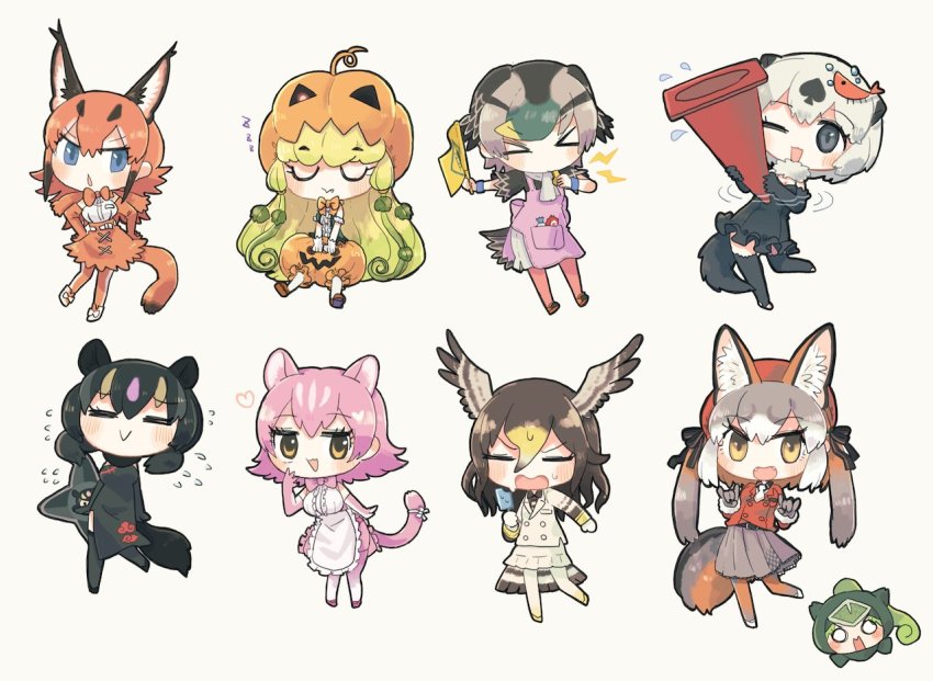 &gt;_&lt; 6+girls animal_ears apron aye-aye_(kemono_friends) bare_shoulders bird_girl bird_tail bird_wings black_dress black_legwear black_one-piece_swimsuit blonde_hair blue_eyes blush bow bowtie brown_gloves brown_hair brown_legwear brown_skirt californian_sea_otter_(kemono_friends) caracal_(kemono_friends) center_frills china_dress chinese_clothes commentary_request dress duck_girl eating elbow_gloves extra_ears fangs flag food fox_ears fox_girl fox_tail frilled_swimsuit frills full_body fur_trim gloves green_hair green_shirt grey_gloves grey_hair grey_skirt hair_between_eyes hair_ornament hasu_(zatsugami) head_wings high-waist_skirt island_fox_(kemono_friends) jack-o&#039;-lantern_(kemono_friends) jacket kemono_friends kemono_friends_v_project leaf_hair_ornament long_hair long_sleeves monkey_ears monkey_girl monkey_tail multicolored_hair multicolored_legwear multiple_girls necktie northern_goshawk_(kemono_friends) official_alternate_costume one-piece_swimsuit one_eye_closed open_mouth orange_hair orange_jacket orange_neckwear otter_ears otter_girl otter_tail oversized_object panther_chameleon_(kemono_friends) panther_ears panther_girl panther_tail pantyhose peach_panther_(kemono_friends) pink_apron pink_gloves pink_hair pink_neckwear pleated_skirt ponytail popsicle pumpkin_hat pumpkin_shorts reptile_girl shirt short_hair shuriken skirt sleeveless spot-billed_duck_(kemono_friends) standing standing_on_one_leg sweatdrop swimsuit tail tail_bow tail_ornament thighhighs traffic_cone twintails virtual_youtuber weapon whistle white_apron white_hair white_jacket white_legwear white_neckwear white_shirt white_skirt wings yellow_eyes yellow_legwear zettai_ryouiki