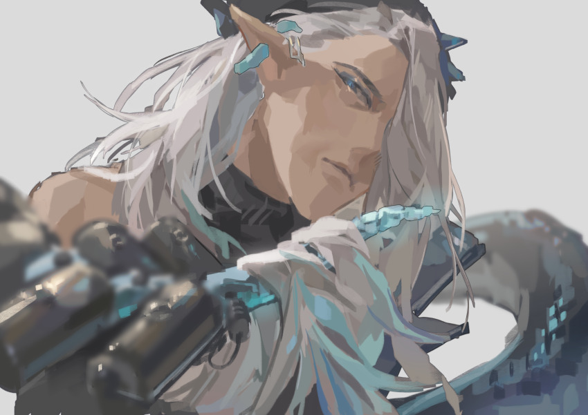 1girl absurdres aqua_eyes aqua_hair arknights commission grey_hair hair_over_one_eye highres long_hair mantra_(arknights) old old_woman pointy_ears solo waiaaaaaaa yesang913 yueqiu73883
