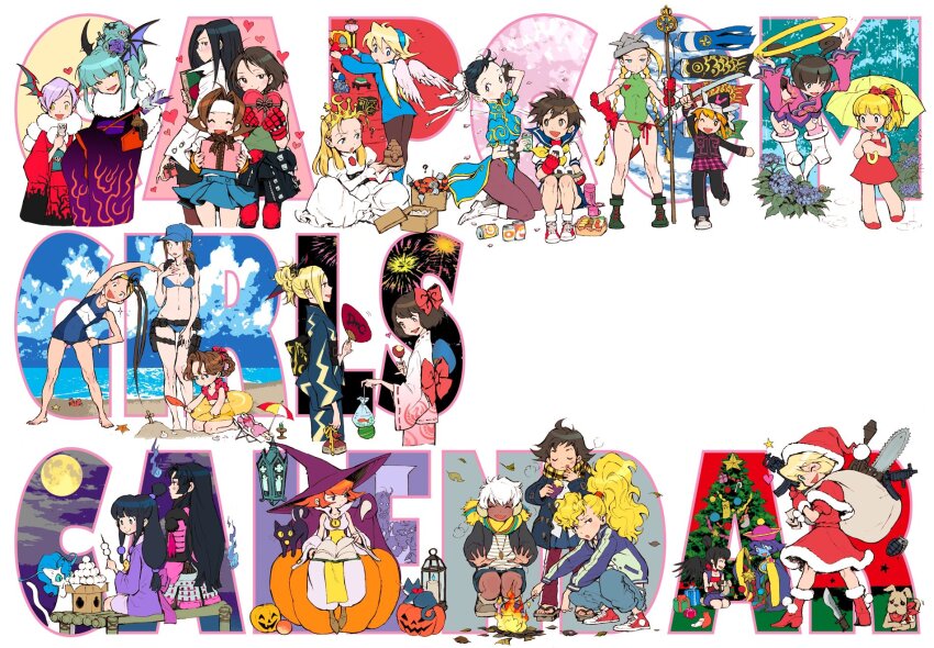 2012 6+girls ? ace_attorney ako_(onimusha) anita_(darkstalkers) annotated aqua_eyes arieta_(cyberbots) bat_wings bikini black_cat black_eyes black_hair black_wings blonde_hair blue_hair bracelet breath_of_fire breath_of_fire_iv brown_eyes brown_hair b.b._hood calendar_(medium) cammy_white capcom cat chainsaw cherry_blossoms chinese_clothes christmas_tree chun-li company_connection company_name cyberbots dango dark_skin dated demon_girl devil_may_cry_(series) devilot_de_deathsatan_ix double_bun dress elena_(street_fighter) explosive felicia_(cat)_(darkstalkers) felicia_(darkstalkers) final_fight fire fireworks food furisode gauntlets genryuusai_maki gift gotcha_force green_hair grenade gun hair_bun hair_ornament harry_(darkstalkers) hat head_wings heart highres ibuki_(street_fighter) jack-o&#039;-lantern japanese_clothes jewelry jill_valentine julia_whitepearl june_lin_milliam justice_gakuen kasugano_sakura kazama_akira kimono knife kurokawa_usagi lantern hsien-ko leotard lilith_(darkstalkers) mei-ling_(darkstalkers) long_hair magatama magatama_necklace makoto_(street_fighter) maya_fey mega_man_(classic) mega_man_(series) minazuki_kyouko moon morrigan_aensland multiple_girls necklace nina_(breath_of_fire_iv) nishimura_kinu ocean official_art oichi_(sengoku_basara) one_eye_closed onigiri onimusha orange_hair pantyhose ponytail power_stone purple_hair rain resident_evil revision roll_(mega_man) scarf school_swimsuit school_uniform sengoku_basara short_hair smile spiked_bracelet spikes star_gladiator street_fighter stretching swimsuit tabasa tengu trish_(devil_may_cry) tsuruhime_(sengoku_basara) umbrella darkstalkers wagashi wakaba_hinata warzard weapon white_dress white_hair wings witch_hat yellow_eyes yukata