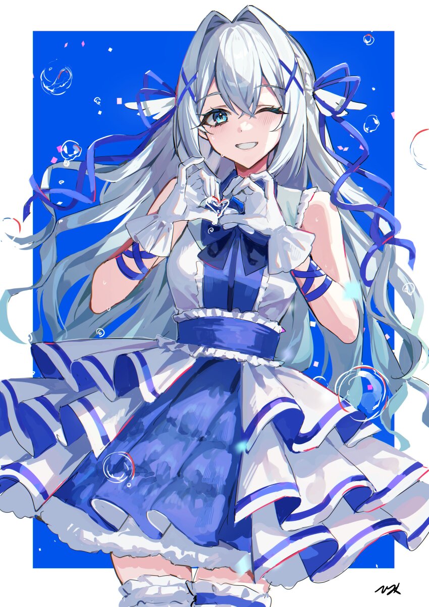 1girl absurdres aitsuki_nakuru bare_shoulders blue_dress blue_eyes blue_sash cowboy_shot dress gloves heart heart_hands highres hitomin_(ksws7544) idol_clothes la_priere long_hair multicolored_dress one_eye_closed parted_lips sash simple_background sleeveless sleeveless_dress solo two-tone_dress utaite white_dress white_gloves white_hair