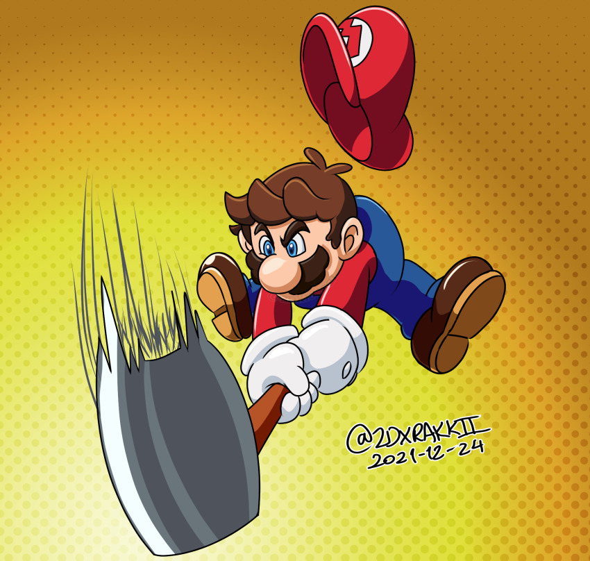 1boy angry blue_eyes derivative_work donkey_kong_(series) facial_hair gloves hammer hat highres mario mario_(series) mario_vs._donkey_kong mustache nintendo overalls solo