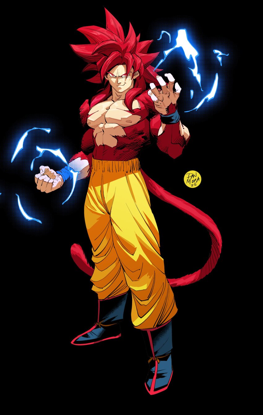 1boy absurdres artist_name black_background clenched_hand commentary dan_mora dragon_ball dragon_ball_daima electricity full_body highres long_hair male_focus monkey_tail muscular muscular_male orange_pants pants red_eyes red_fur red_hair red_tail simple_background smirk solo son_goku spiked_hair super_saiyan super_saiyan_4 tail topless_male