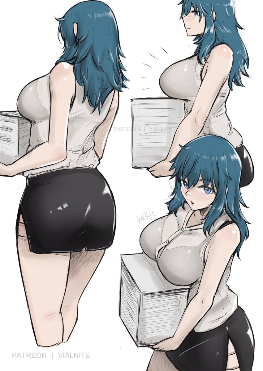 1girl alternate_costume ass black_skirt blue_eyes blue_hair bra_visible_through_clothes breasts female_byleth_(fire_emblem) commentary english_commentary fire_emblem fire_emblem:_three_houses from_behind from_side highres large_breasts long_hair miniskirt multiple_views nintendo paper_stack patreon_username pencil_skirt shirt skirt vialnite white_background white_shirt