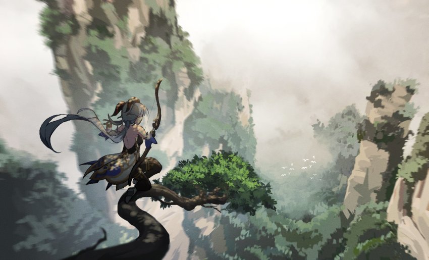 1girl back bird blue_hair bow_(weapon) calamaripop from_behind from_side ganyu_(genshin_impact) genshin_impact hanging_on_tree highres holding holding_bow_(weapon) holding_weapon horns long_hair low_ponytail mountain outdoors ponytail scenery solo waist_cape weapon