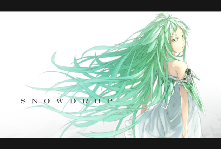 android arms_at_sides bare_shoulders beatless character_name device dress floating_hair four_eyebrows frilled_dress frills gradient_background green_eyes green_hair grey_background long_hair looking_back mecha_musume off-shoulder_dress off_shoulder simple_background snowdrop_(beatless) standing sugi_214 very_long_hair white_background