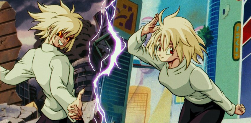 1girl ahoge arcueid_brunestud arms_at_sides blonde_hair breasts city cloud cloudy_sky colored_sclera dark_persona darkhans0 day dragon_ball evil_grin evil_smile floating_hair grin highres large_breasts melty_blood purple_skirt red_arcueid red_eyes red_sclera short_hair skirt sky smile sweater thunder tsukihime turtleneck turtleneck_sweater yellow_eyes