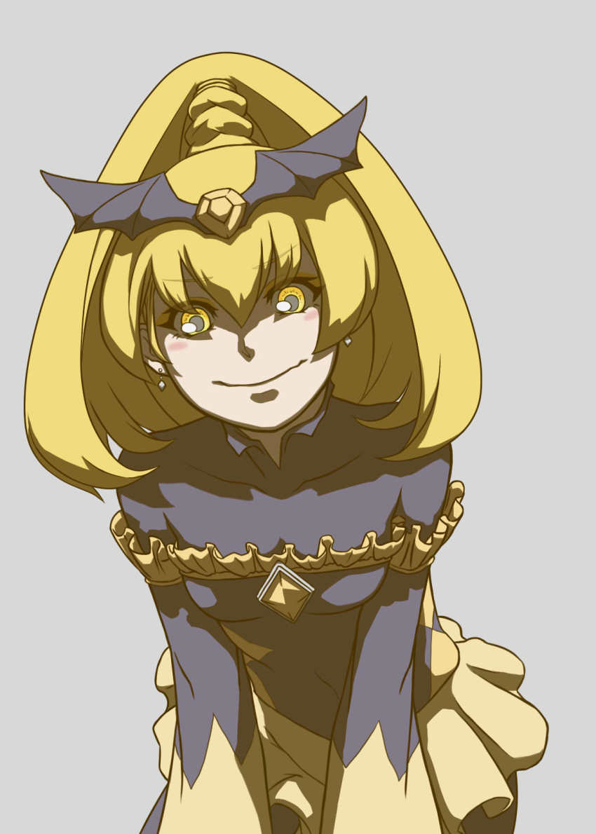 bad_end_peace bad_end_precure black_bodysuit black_headwear blonde_hair bodysuit breasts dark_persona frilled_sleeves frills highres leaning_forward long_hair looking_at_viewer makeup medium_breasts ponytail precure skirt small_breasts smile smile_precure! yellow_eyes yellow_skirt zephyranthes54