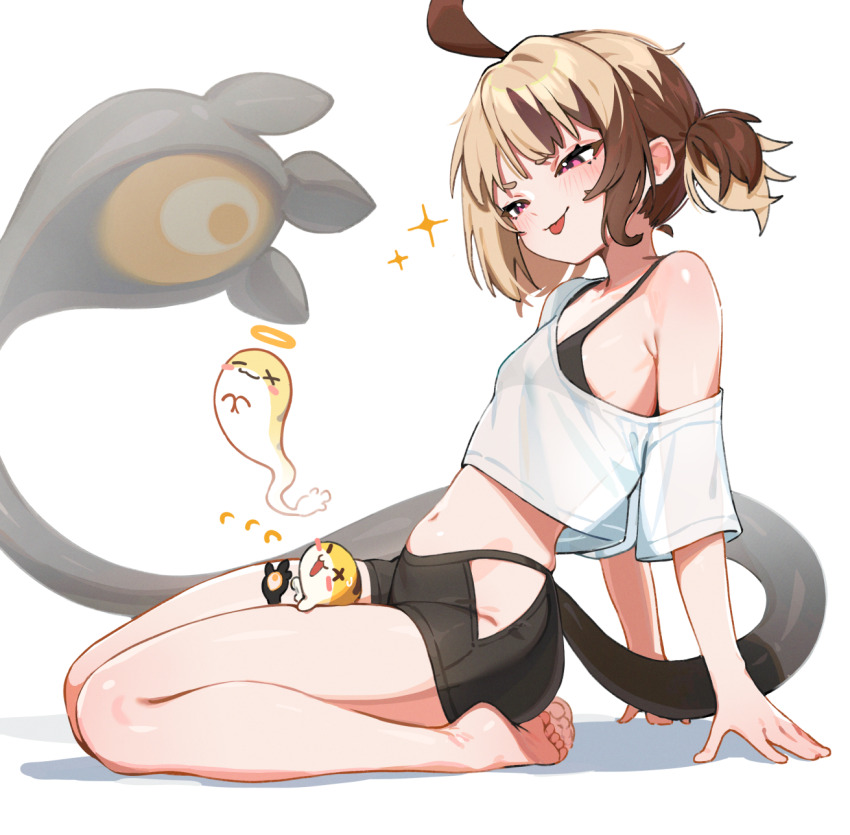 1girl :p ahoge arm_support bare_legs barefoot between_legs black_bra black_shorts blonde_hair bra breasts brown_hair commentary crop_top english_commentary feet from_side full_body gigi_murin grem_(gigi_murin) highres hip_vent hololive hololive_english midriff multicolored_hair navel pink_eyes see-through_clothes see-through_shirt seiza shirt short_hair short_shorts short_twintails shorts simple_background single_off_shoulder sitting small_breasts soles solo t-shirt tail tenchi_mayo tongue tongue_out twintails two-tone_hair underwear virtual_youtuber white_background white_shirt