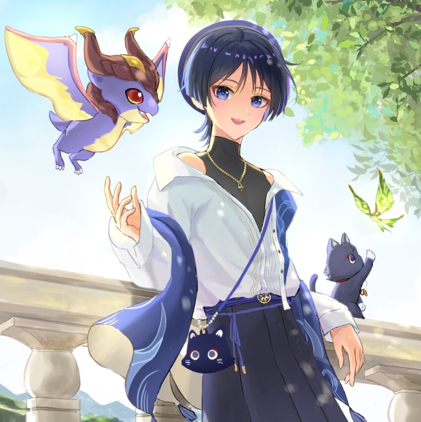 1boy against_railing alternate_costume animalization arm_rest belt beret black_belt black_hair black_pants black_shirt black_undershirt blue_eyes blue_shawl blunt_ends bright_pupils casual collared_shirt contemporary crystalfly_(genshin_impact) dragon eyeliner eyeshadow fringe_trim genshin_impact gold_buckle gold_necklace gold_pendant gold_trim hakama hakama_pants hand_up hat highres japanese_clothes jewelry long_sleeves looking_at_animal makeup male_focus mini_durin_(genshin_impact) mountainous_horizon necklace official_alternate_costume open_hands open_mouth outdoors pants partially_unbuttoned person_and_animalization purple_hat railing red_eyeliner red_eyeshadow scaramouche_(cat)_(genshin_impact) scaramouche_(genshin_impact) shawl shirt shoulder_peek small_dragon smile suya_(suya_ny) teeth turtleneck turtleneck_shirt upper_teeth_only wanderer_(genshin_impact) wanderer_(wanderer_impression)_(genshin_impact) white_pupils white_shirt white_sleeves wing_collar