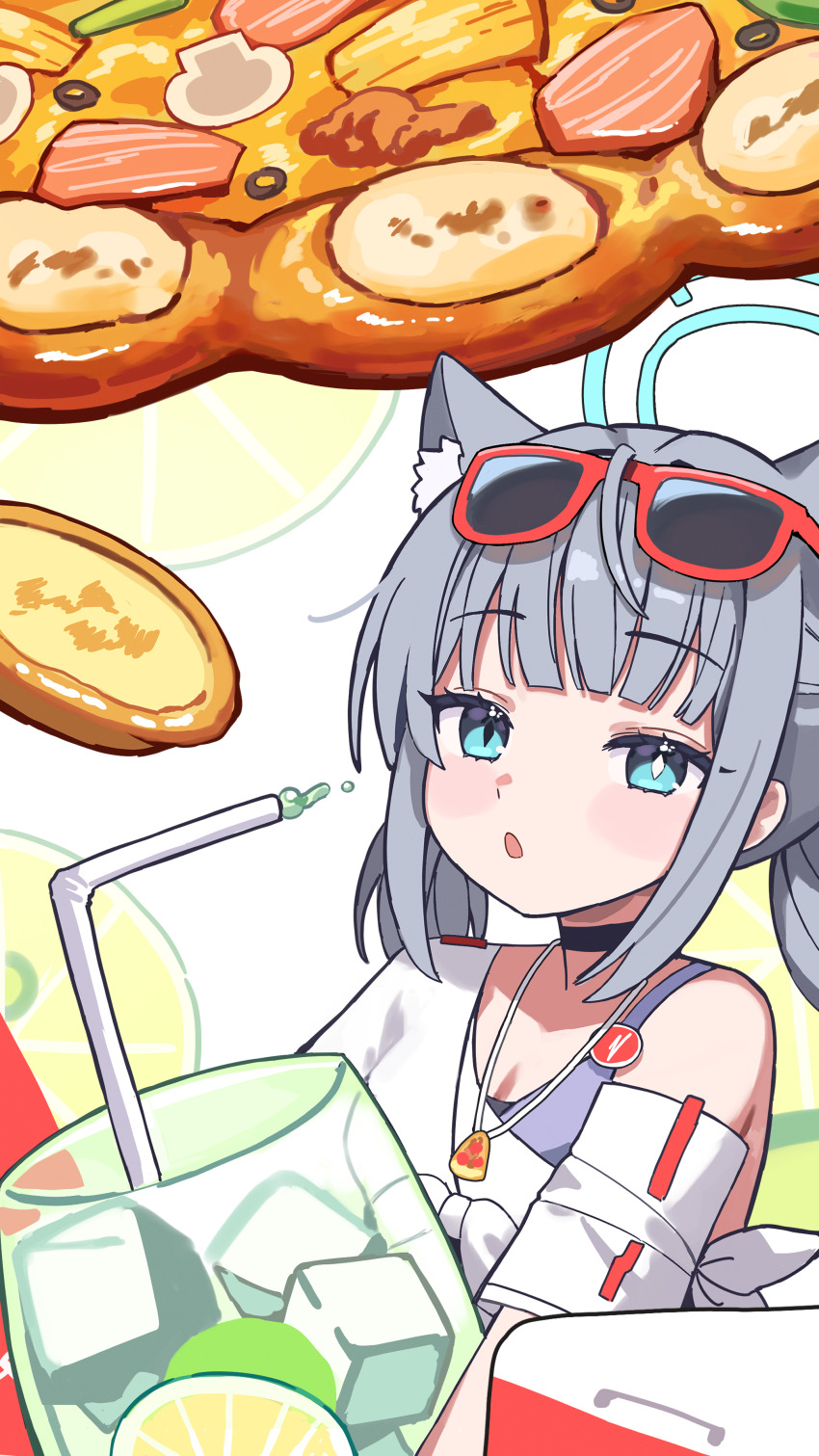 1girl absurdres adjusting_eyewear animal_ear_fluff bikini black_choker blue_archive blue_eyes blush choker drink drinking_straw extra_ears food fruit grey_hair grunel_(grunel_7979) highres holding holding_drink ice jewelry lemon lemon_slice looking_at_viewer necklace official_alternate_costume official_alternate_hairstyle open_mouth pizza ponytail purple_bikini red-framed_eyewear shiroko_(blue_archive) shiroko_(pizza_hut)_(blue_archive) shirt sidelocks single_bare_shoulder single_off_shoulder solo sunglasses swimsuit tail tied_shirt wolf_girl wolf_tail