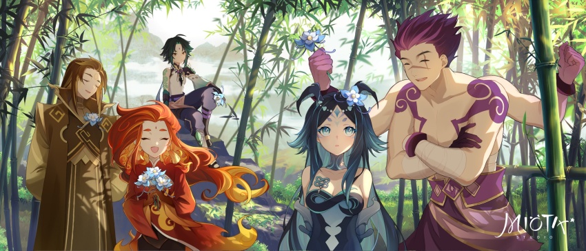 2girls 3boys ahoge asymmetrical_clothes bamboo bamboo_forest bare_shoulders bead_necklace beads black_gloves blue_eyes blue_hair blush bonanus_(genshin_impact) bosacius_(genshin_impact) breasts brown_hair cleavage closed_eyes closed_mouth collarbone crossed_arms darkcatowo detached_sleeves earrings eating elbow_gloves extra_arms facial_mark fangs fiery_hair flower forehead_mark forest genshin_impact glaze_lily gloves gradient_hair hair_flaps hair_flower hair_ornament hand_in_own_hair highres holding holding_flower horns indarias_(genshin_impact) jewelry mask medium_breasts menogias_(genshin_impact) multicolored_hair multiple_boys multiple_girls muscular muscular_male nature necklace open_mouth orange_hair pantyhose purple_eyes purple_hair scar scar_across_eye scar_on_chest scar_on_face scar_on_nose short_hair short_hair_with_long_locks sidelocks single_detached_sleeve single_glove sitting smile swept_bangs tassel tassel_earrings teeth twitter_username upper_teeth_only wide_sleeves xiao_(genshin_impact)