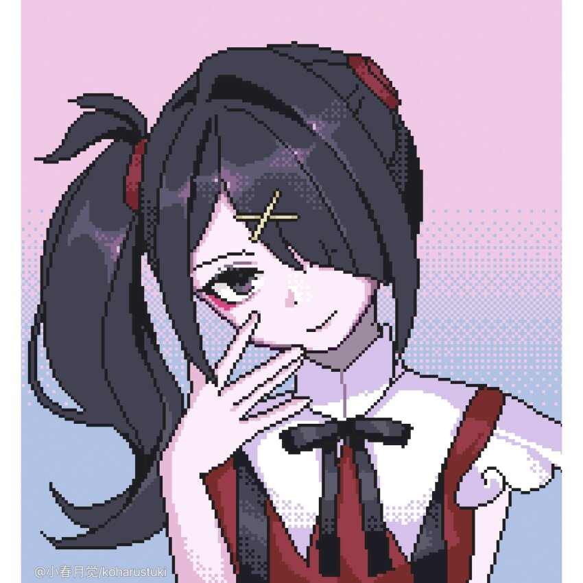 1girl ame-chan_(needy_girl_overdose) collared_shirt diagonal_bangs gradient_background hair_ornament hair_over_one_eye hair_tie hand_on_own_face hand_up highres index_fingers_together koharustuki looking_at_viewer neck_ribbon needy_girl_overdose pillarboxed ribbon shirt side_ponytail solo suspenders two-tone_background upper_body x_hair_ornament