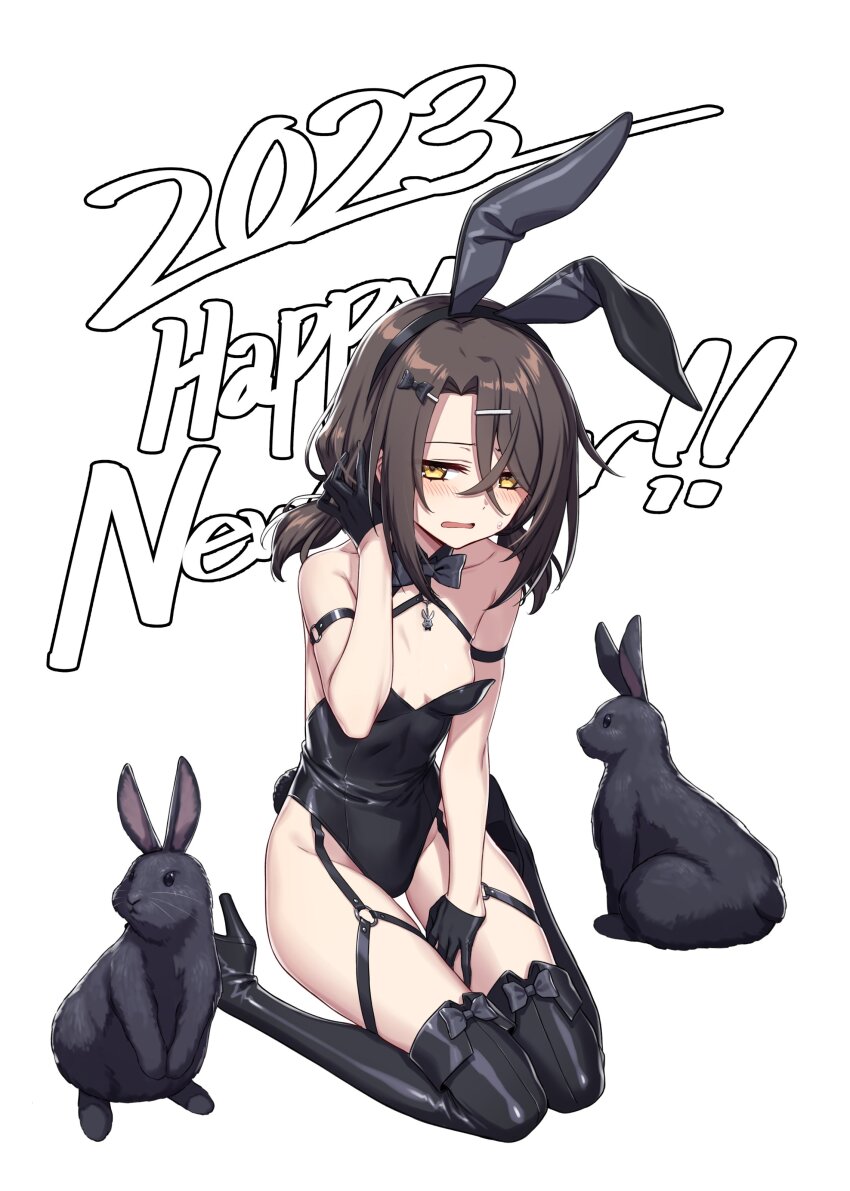 1girl absurdres alternate_costume animal_ears bare_shoulders black_gloves breasts brown_hair christina_brecht cleavage collarbone counter:side fake_animal_ears gloves hair_ornament hairclip highres leotard new_year playboy_bunny rabbit rabbit_ears small_breasts supernew yellow_eyes