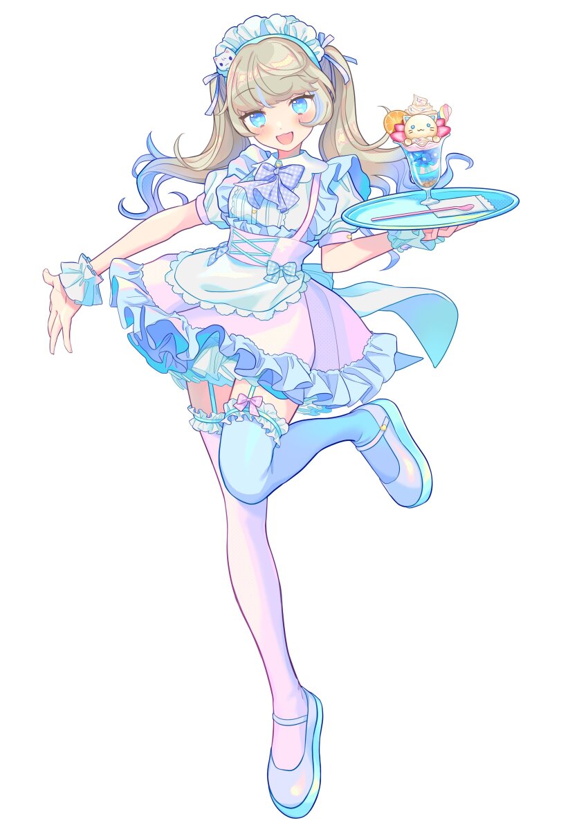 1girl :d absurdres animal-themed_food apron ascot asymmetrical_legwear blonde_hair blue_bow blue_eyes blue_garter_straps blue_hair blue_thighhighs blunt_bangs blush bow bow_legwear bowtie cat_hair_ornament colored_shoe_soles colored_tips cross-laced_clothes cross-laced_dress dress food frilled_apron frilled_dress frilled_thighhighs frilled_wrist_cuffs frills fruit full_body garter_straps gingham_bow hair_ornament hair_ribbon highres holding holding_tray ice_cream long_hair looking_at_viewer maid maid_headdress mary_janes mismatched_legwear mismatched_thighhighs multicolored_hair napkin open_hand open_mouth orange_(fruit) orange_slice original outstretched_arm parfait peter_pan_collar petticoat pinafore_dress pink_bow pink_dress pink_thighhighs puffy_short_sleeves puffy_sleeves purple_ascot purple_bow purple_bowtie purple_ribbon purple_shoes ribbon sarasakuna shirt shoes short_dress short_sleeves simple_background sleeveless sleeveless_dress smile solo spoon sprinkles standing standing_on_one_leg strawberry streaked_hair thighhighs tiptoes tray twintails waist_apron waist_bow whipped_cream white_apron white_background white_shirt white_wrist_cuffs wrist_cuffs yume_kawaii