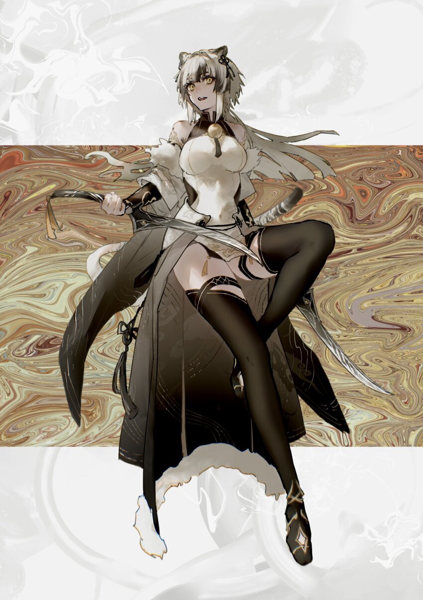 1girl animal_ears bell black_hair detached_sleeves dress floating full_body fur-trimmed_sleeves fur_trim gradient_hair grey_hair hair_ornament highres holding holding_sword holding_weapon long_hair long_sleeves multicolored_hair neck_bell original parted_lips solo sword tail thighhighs tiger_ears tiger_girl tiger_tail urushi_0117 waist_cape weapon yellow_eyes