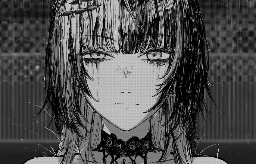 1girl absurdres chainsaw_man choker close-up closed_mouth greyscale highres hololive hololive_english kizuru09 light_frown long_hair looking_at_viewer makeup monochrome outdoors rain reze&#039;s_eye_twitch_(chainsaw_man) runny_makeup scene_reference shiori_novella solo virtual_youtuber