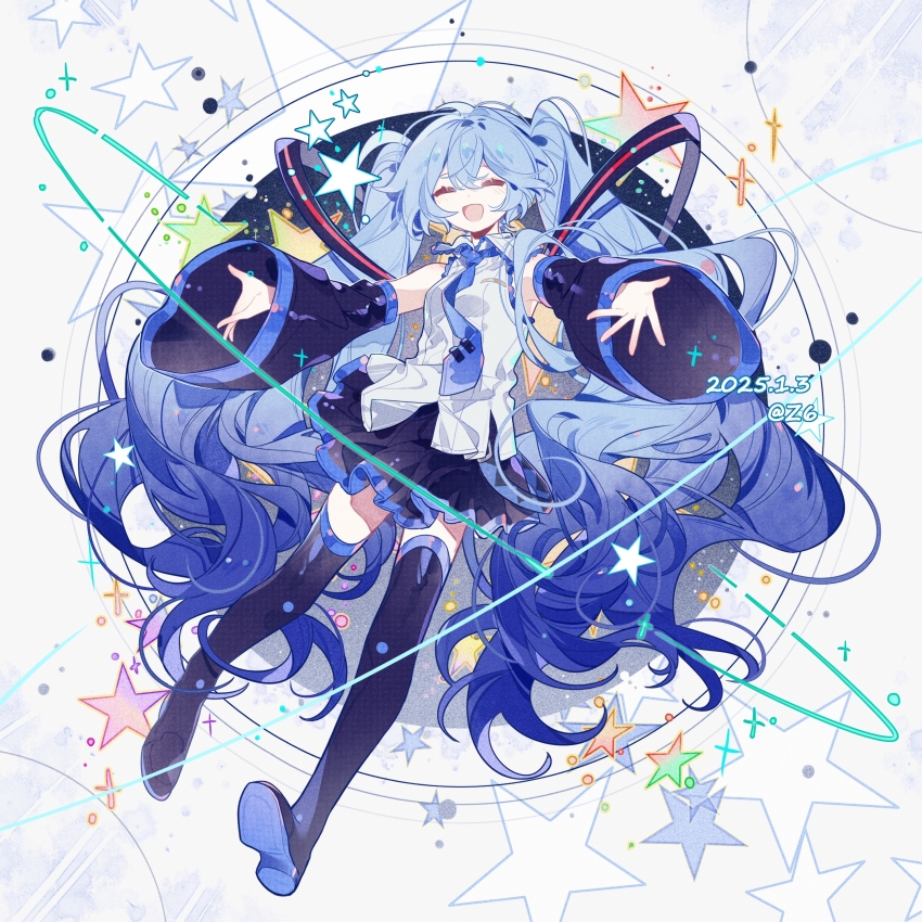 1girl :d absurdres bare_shoulders blue_hair boots breasts closed_eyes commentary_request detached_sleeves full_body hair_between_eyes hair_ornament happy hatsune_miku highres long_hair necktie open_mouth outstretched_arms shirt simple_background skirt sleeveless smile solo standing star_(symbol) thigh_boots thighhighs twintails very_long_hair vocaloid white_background z6