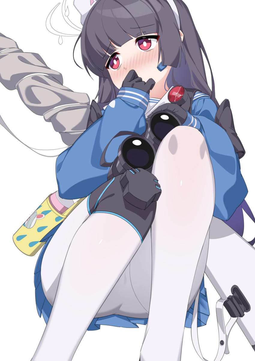1girl absurdres animal_ear_hairband animal_ears armband binoculars black_armband black_gloves blue_archive blue_serafuku blue_shirt blue_skirt blunt_bangs blunt_sidelocks blush bolt_action bright_pupils commentary covering_own_mouth dy_kai fake_animal_ears feet_out_of_frame furrowed_brow gloves grey_hair gun gun_sling hairband halo hand_over_own_mouth highres holding holding_binoculars knee_pads knees legs long_hair long_sleeves looking_afar miniskirt miyu_(blue_archive) mosin-nagant nose_blush panties pantyhose pantyshot pleated_skirt puffy_long_sleeves puffy_sleeves rabbit_ear_hairband rabbit_ears red_eyes rifle sailor_collar sailor_shirt school_uniform serafuku shirt sidelocks simple_background single_knee_pad skirt solo thermos underwear very_long_hair weapon white_background white_hairband white_halo white_panties white_pantyhose white_pupils white_sailor_collar