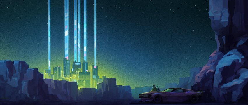 1boy 1girl building car cityscape couple cyberpunk_(series) cyberpunk_edgerunners david_martinez highres lucy_(cyberpunk) motor_vehicle night night_city_(cyberpunk) night_sky on_car orenji_(orenjikunart) outdoors sitting sky skyscraper sports_car star_(sky)