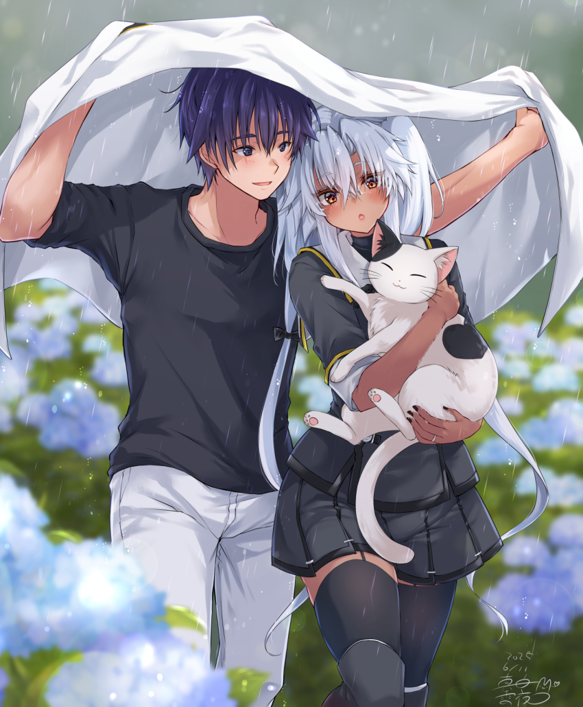 1boy 1girl admiral_(kancolle) animal animal_ear_fluff black_bow black_hair black_nails black_shirt black_skirt black_thighhighs blurry blurry_background bow brown_eyes cat dark-skinned_female dark_skin dated hair_bow highres holding holding_animal holding_cat jacket jewelry kantai_collection mashiro_yukiya military_uniform musashi_(kancolle) naval_uniform open_mouth pants pleated_skirt rain ring shirt signature skirt thighhighs unworn_jacket wedding_ring white_hair white_jacket white_pants