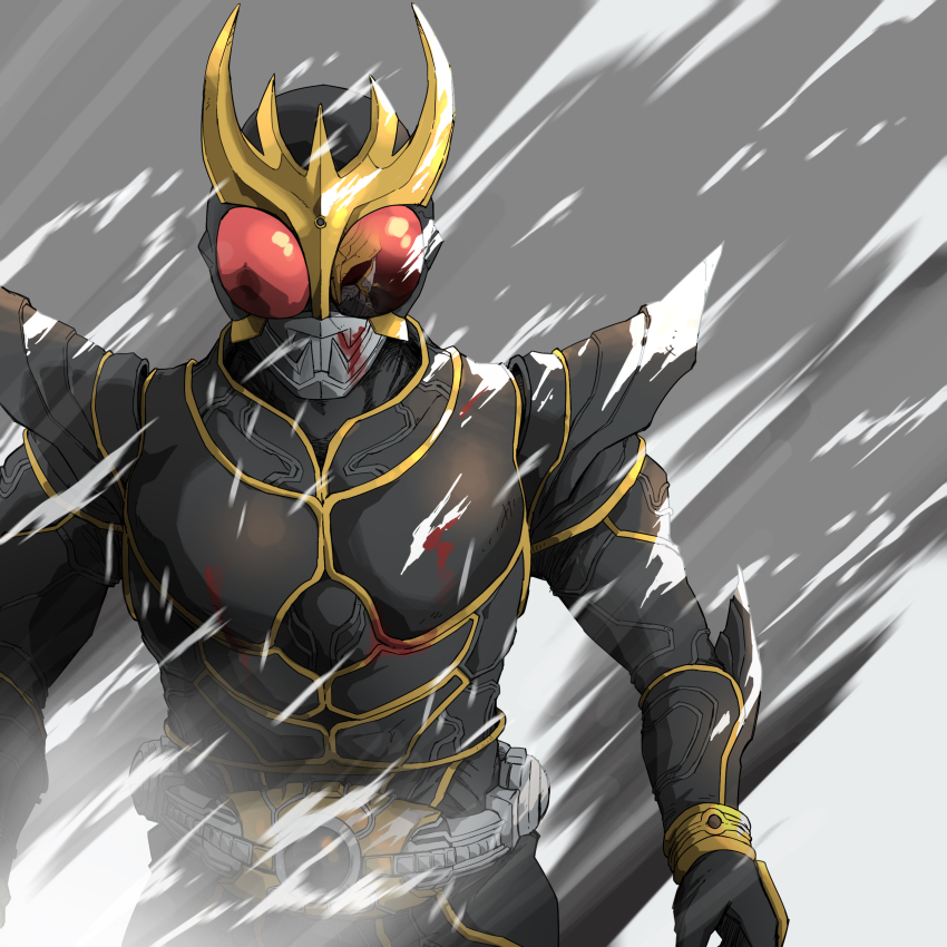 1boy absurdres arcle_(kuuga) armor black_armor blizzard blood_on_armor compound_eyes grey_background highres kamen_rider kamen_rider_kuuga kamen_rider_kuuga_(series) kamen_rider_kuuga_(ultimate_form) male_focus n-daguva-zeba naitsupic red_eyes reflection simple_background snow solo tokusatsu upper_body