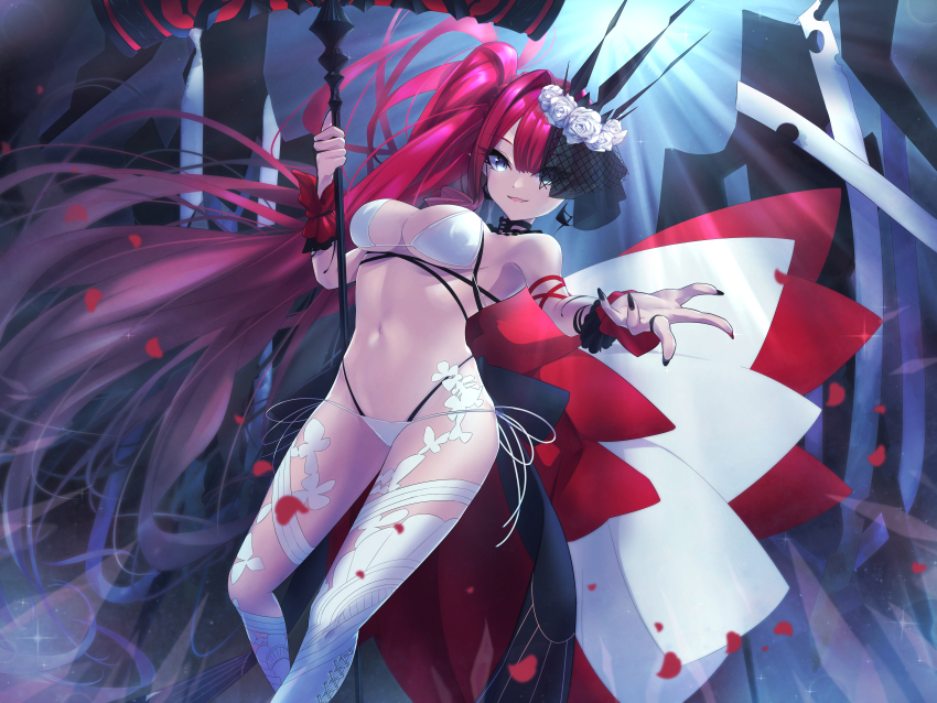 1girl absurdres baobhan_sith_(fate) baobhan_sith_(swimsuit_pretender)_(fate) baobhan_sith_(swimsuit_pretender)_(third_ascension)_(fate) bikini breasts earrings falling_petals fate/grand_order fate_(series) flower grey_eyes hair_flower hair_ornament hammer highres holding holding_hammer jewelry long_hair looking_at_viewer navel offering_hand petals pink_hair pointy_ears side_ponytail smile solo swimsuit tiara upsilon3219 veil white_bikini white_flower wrist_cuffs
