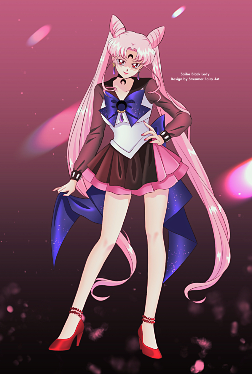 adapted_costume aged_up anklet bishoujo_senshi_sailor_moon bishoujo_senshi_sailor_moon_r black_lady_(sailor_moon) black_sailor_collar breasts chibi_usa choker cone_hair_bun crescent crescent_facial_mark crystal_earrings dark_persona double_bun earrings facial_mark forehead_mark hair_bun high_heels highres jewelry koya lipstick long_hair looking_at_viewer makeup medium_breasts pink_hair pink_sailor_collar red_footwear sailor_chibi_moon sailor_collar sailor_senshi_uniform shoes smile very_long_hair