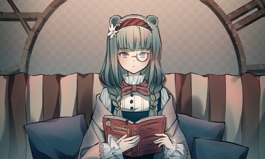 1girl animal_ears arknights bear_ears bear_girl blue_eyes blue_hair book braid closed_mouth flower hair_flower hair_ornament hairband highres holding holding_book istina_(arknights) istina_(bibliosmia)_(arknights) minuo monocle official_alternate_costume solo twin_braids