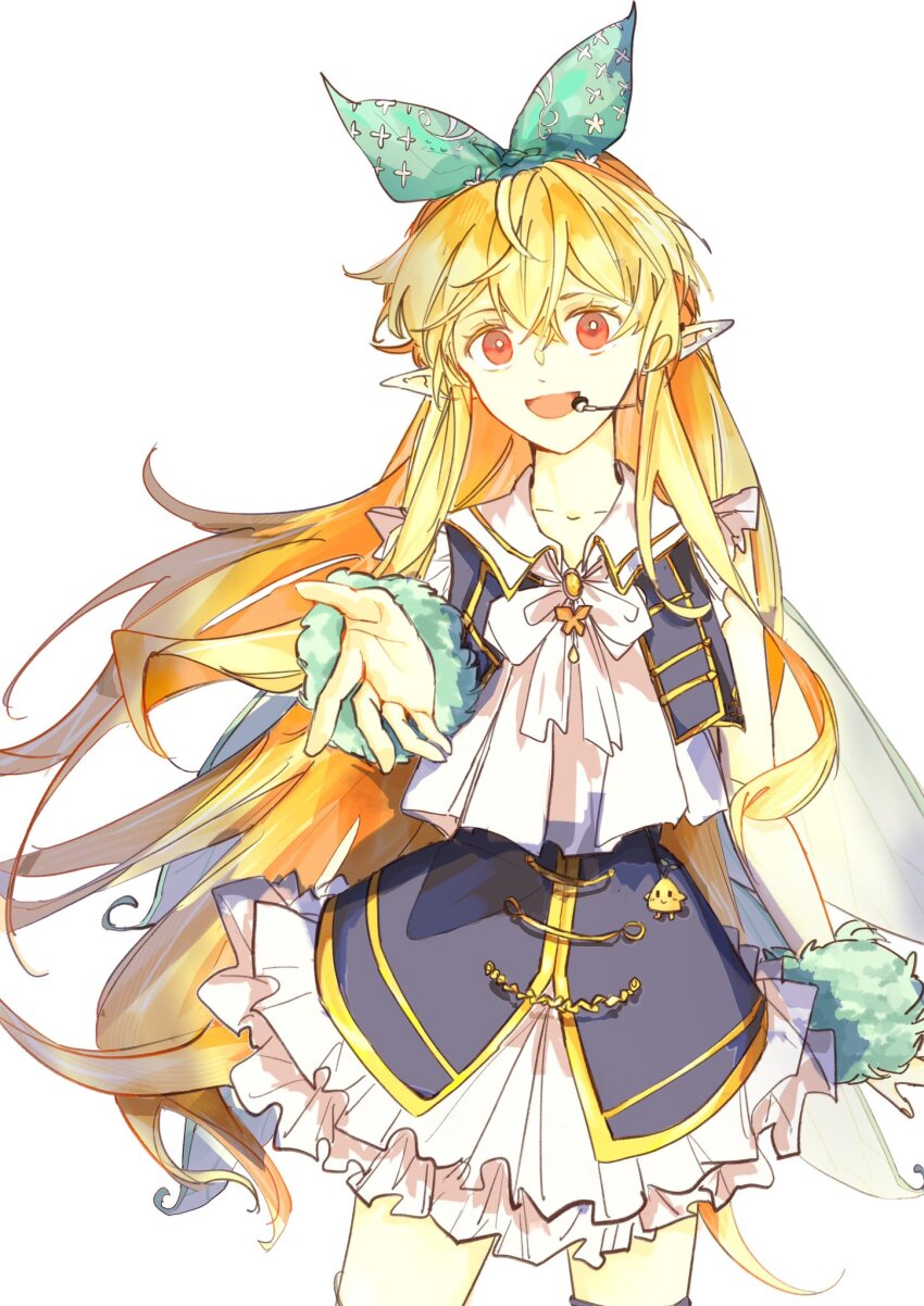 1girl :d akaho_az beckoning blonde_hair bow commentary cowboy_shot english_commentary fairy_wings hair_between_eyes hair_bow headset highres long_hair looking_at_viewer nijisanji nijisanji_en nijisanji_idol_uniform open_mouth outstretched_hand pointy_ears pomu_rainpuff reaching reaching_towards_viewer red_eyes simple_background smile solo very_long_hair virtual_youtuber white_background wings