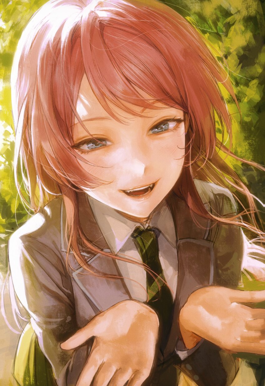 1girl bang_dream! bang_dream!_it&#039;s_mygo!!!!! chihaya_anon collared_shirt commentary diagonal-striped_clothes diagonal-striped_necktie fangs green_necktie grey_eyes grey_jacket haneoka_school_uniform highres jacket long_hair necktie open_mouth pink_hair school_uniform seapall shirt solo striped_clothes teeth upper_teeth_only white_shirt