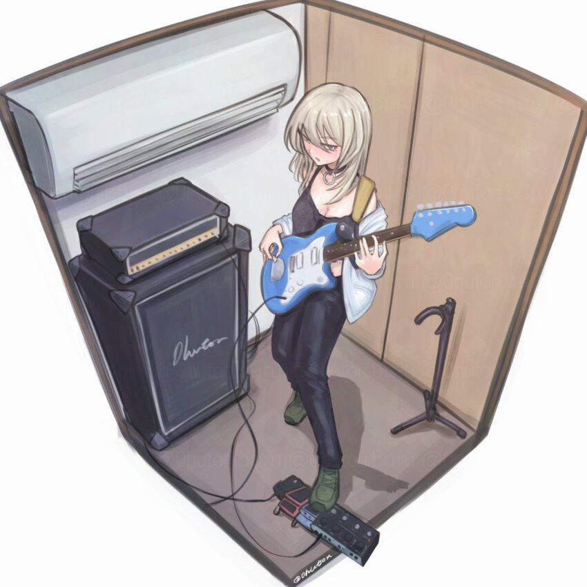 1girl air_conditioner amplifier black_camisole black_choker black_pants blush breasts cable camisole choker cleavage commentary_request effects_pedal girls_band_cry green_shoes grey_eyes grey_hair guitar_stand hair_between_eyes highres holding holding_phone instrument jacket kawaragi_momoka long_hair music off_shoulder open_mouth pants phone playing_guitar playing_instrument shoes solo tomare_(akashingou) white_jacket