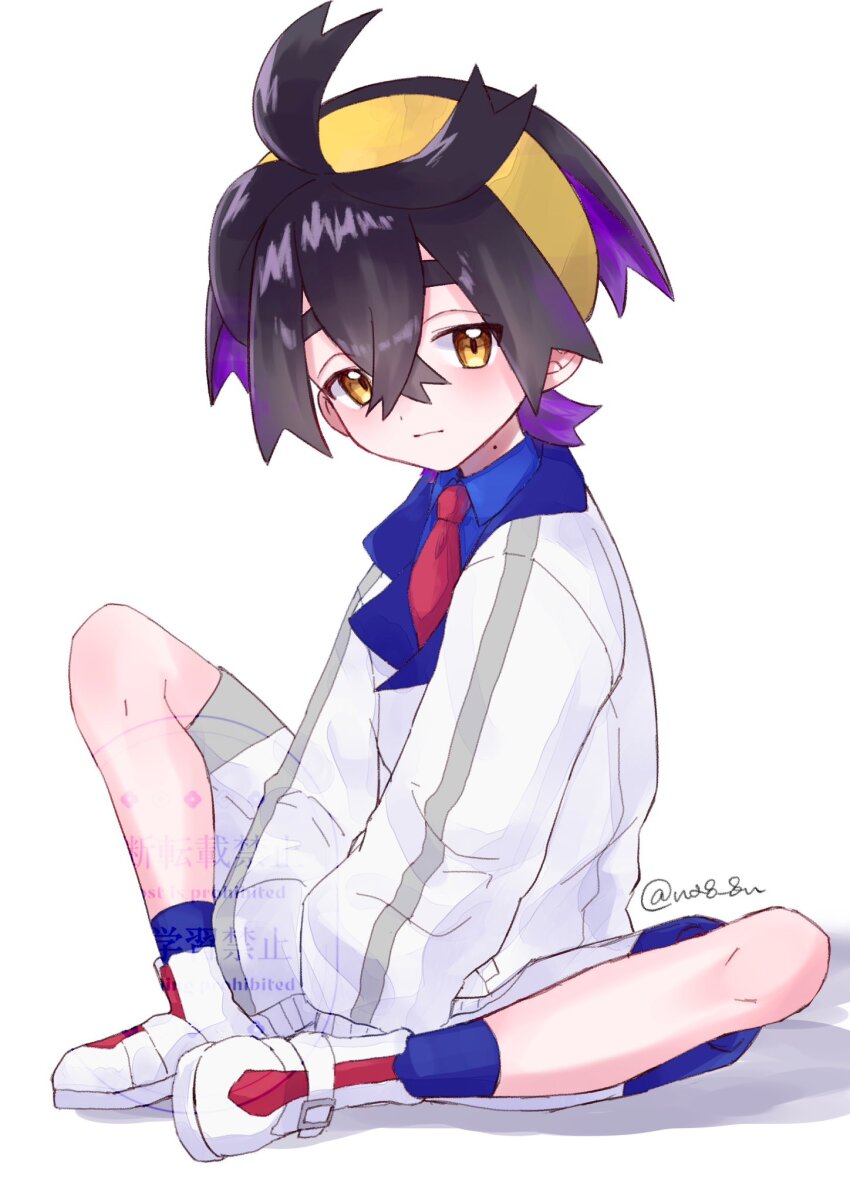 1boy ahoge black_hair blue_shirt blue_socks closed_mouth collared_shirt colored_inner_hair commentary_request crossed_bangs full_body hair_between_eyes hairband highres jacket kieran_(pokemon) knees male_focus mole mole_on_neck multicolored_hair na8_8n necktie nintendo pokemon pokemon_sv red_necktie shirt shoes shorts sitting socks solo watermark white_jacket white_shoes white_shorts yellow_eyes yellow_hairband