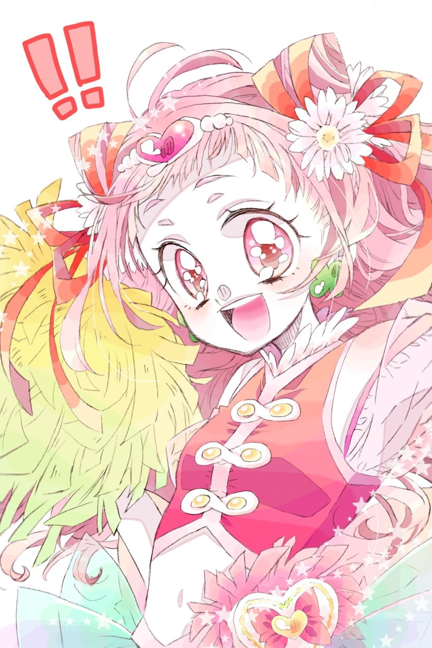 ! !! 1girl 63snrk ahoge asymmetrical_bangs cone_hair_bun cure_yell flower hair_bun hair_flower hair_ornament hair_ribbon heart heart_hair_ornament highres hugtto!_precure long_hair looking_at_viewer navel nono_hana open_mouth pink_eyes pink_hair pink_top pom_pom_(cheerleading) precure red_ribbon ribbon see-through_clothes see-through_sleeves smile teeth upper_teeth_only