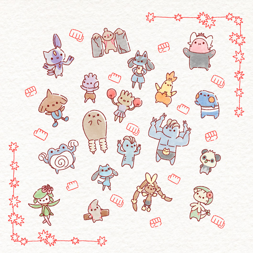 ._. :i animal_ears animal_hands arms_up belt_buckle bewear black_eyes black_fur black_male_underwear black_pantyhose blue_fur blue_skin blush_stickers body_fur border boxing_gloves breloom briefs brown_shorts buckle chest_jewel chibi closed_mouth colored_skin combusken concrete conkeldurr crack croagunk double_v dress flat_color flexing flower forehead_jewel full_body furry gem gen_1_pokemon gen_2_pokemon gen_3_pokemon gen_4_pokemon gen_5_pokemon gen_6_pokemon gen_7_pokemon gloves green_hair green_skin grey_fur hair_flower hair_ornament hands_on_own_hips hands_up highres hisuian_lilligant hisuian_sneasel hitmonchan hitmonlee hitmontop leaf long_ears looking_at_viewer lopunny lucario machamp machop male_underwear mega_lopunny mega_pokemon mouth_hold multicolored_fur multicolored_skin nintendo orange_fur ototo_(otokameseimen) outstretched_arms pancham panda_ears pantyhose pawpads pectorals pink_flower pink_fur pink_skin pokemon pokemon_(creature) poliwrath purple_dress purple_fur purple_skin rabbit_ears rabbit_tail red_border red_gloves ribs riolu short_hair shorts sleeveless sleeveless_dress stalk_in_mouth standing tail timburr trait_connection two-tone_fur two-tone_skin tyrogue underwear v white_background white_skin wolf_ears wolf_tail yellow_fur yellow_gemstone