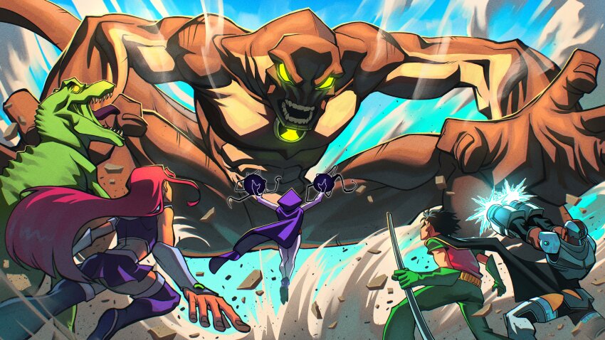 2girls 4boys absurdres alien battle beast_boy_(dc) ben_10 ben_10:_alien_force ben_tennyson crossed_legs crossover cyborg_(dc) dc_comics dick_grayson fighting_stance green_eyes green_light highres multiple_boys multiple_girls obarii omnitrix raven_(dc) robin_(dc) starfire superhero_costume teen_titans teen_titans_(tv_series)
