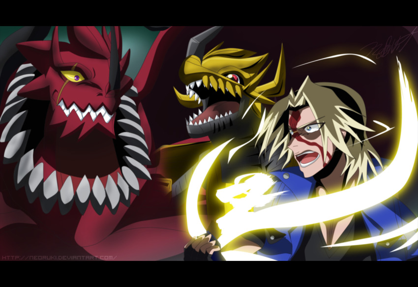 aonuma_kiriha blonde_hair blood digimon digimon_(creature) digimon_xros_wars dorbickmon dragon horns open_mouth red_eyes sharp_teeth teeth zekegreymon